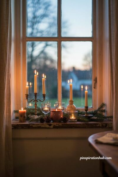 Mismatched candle Christmas window decorations with vintage holders