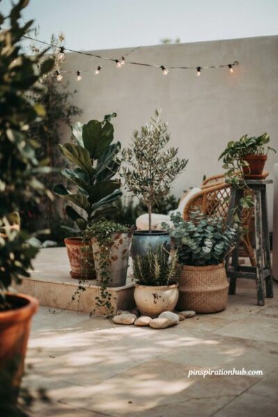 Mismatched pots cozy backyard ideas with layered potted plants