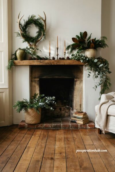 Mixed greenery Christmas mantel with juniper eucalyptus magnolia and wreath