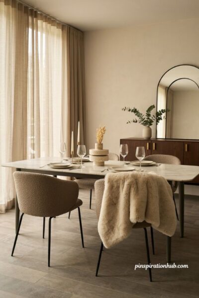 Modern Thanksgiving dining room with faux fur throw