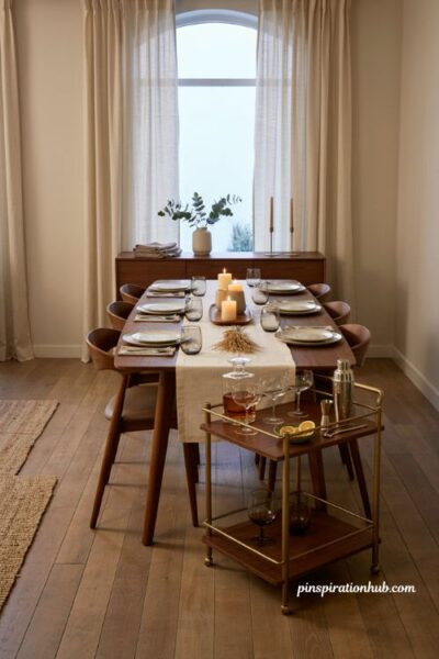 Modern Thanksgiving dining room with small bar cart
