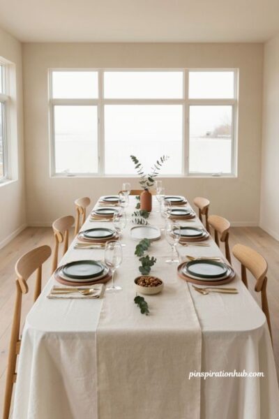 Modern Thanksgiving table with crisp white linen and simple green dinnerware