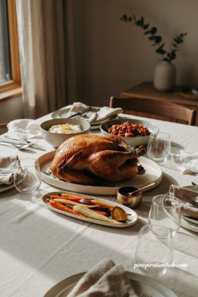 Modern Thanksgiving table with food as the centerpiece