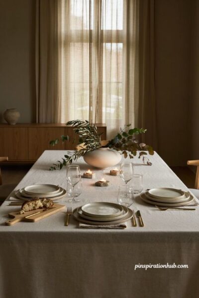 Modern Thanksgiving table with low minimalist fall centerpiece