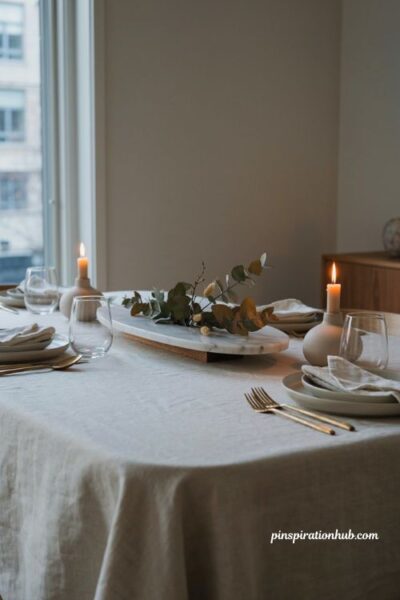 Modern Thanksgiving table with marble serving platter centerpiece