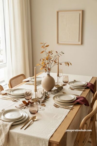 Modern Thanksgiving table with monochrome neutral decor and burgundy accent