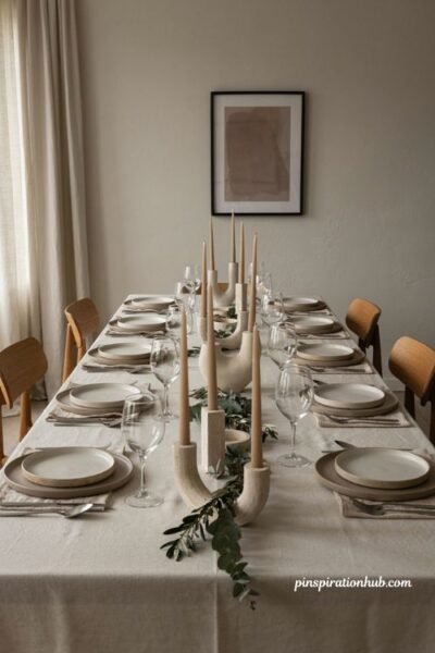Modern Thanksgiving table with sculptural taper candle pairs