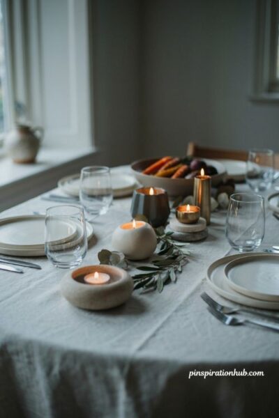 Easy Thanksgiving tablescapes with olive branches and eucalyptus runner