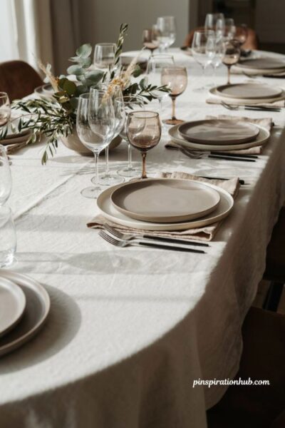 Modern Thanksgiving table with simple smoked glassware trio