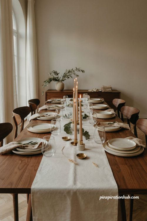 Modern Thanksgiving table with white linen candles and greenery