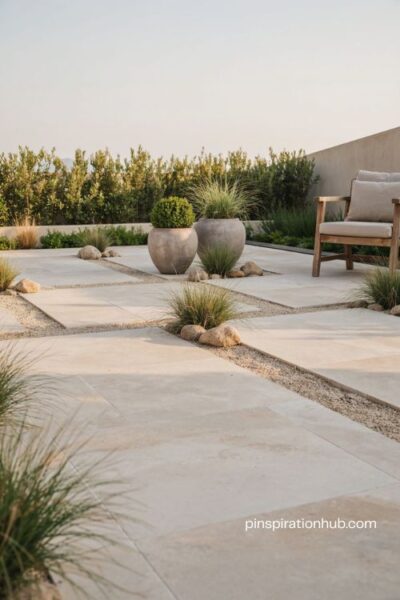 Modern paver patio ideas with grass gravel and natural stone accents