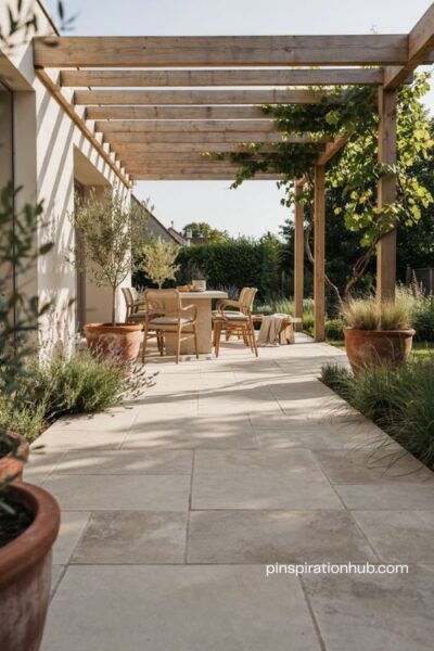 Modern pergola paver patio ideas for a shaded outdoor living space