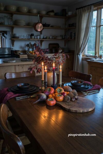 Moody fall table decor with black dinnerware deep burgundy accents persimmons and warm candlelight