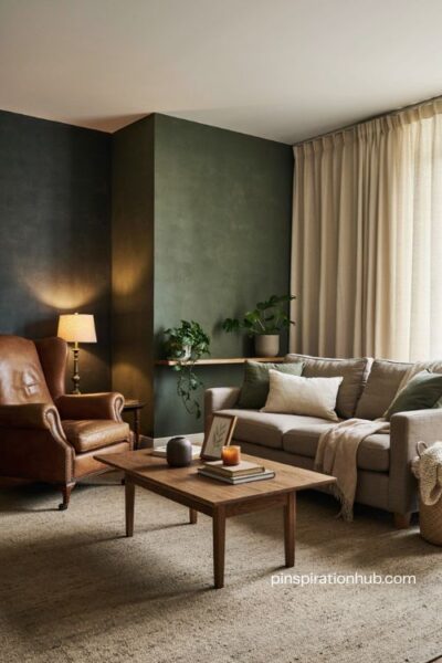 wide-angle eye-level interior photograph showing a full moody living room built around subtle tonal contrast, charcoal walls blending gently into smoky gray upholstery, olive cushions layered with moss green textiles, and warm brown furniture paired with soft camel accents, the room staying within a close family of earthy shades with only a cream cushion and aged brass lamp providing small intentional highlights, comfortable sofa, walnut coffee table, vintage side table, textured wool rug, linen curtains, and understated decor creating a calm lived-in composition, timeless transitional style with vintage European character and collected-over-time warmth, charcoal, smoky gray, deep olive, moss green, warm brown, camel, soft cream, and aged brass, gently worn upholstery, visible linen weave, weathered walnut grain, matte ceramic vessels, woven basket, aged brass lamp, soft wool rug, lightly patinated leather details and simple objects gathered gradually over time, soft natural daylight merging with warm ambient lamp light to create gradual transitions between neighboring tones rather than sharp visual breaks, soft colors that change the mood instantly, old textures that add warmth and depth, simple details that create lasting charm, quiet cocooning atmosphere with restrained tonal layering and small highlights that naturally draw the eye without disrupting the peaceful mood, no people, no text, no watermarks, no blur, no bokeh, all surfaces in sharp focus, photorealistic, 4K resolution, editorial interior photography, Pinterest-worthy