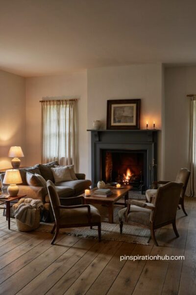 Moody living room with charcoal fireplace warm stone hearth walnut furniture and evening glow