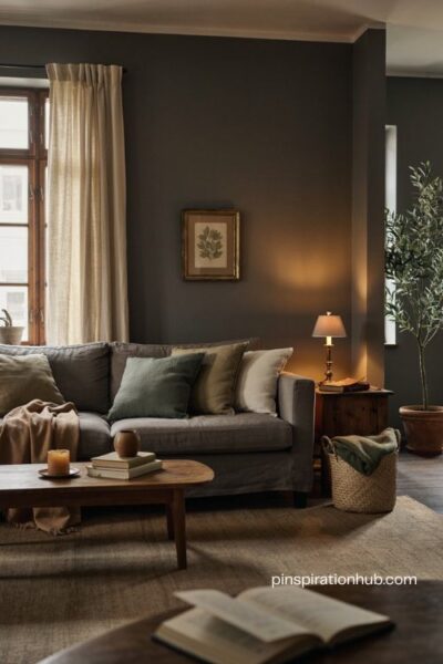Moody living room with charcoal smoky gray olive moss green and warm camel tonal layers