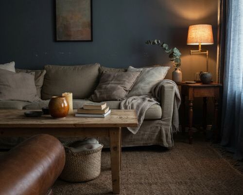 Moody living room with charcoal walls cozy layered textures and warm vintage decor
