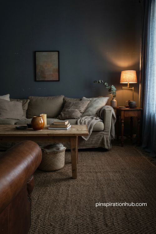 Moody living room with charcoal walls cozy layered textures and warm vintage decor