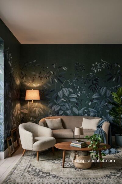 Moody living room with dark botanical wallpaper curved furniture brass accents and greenery