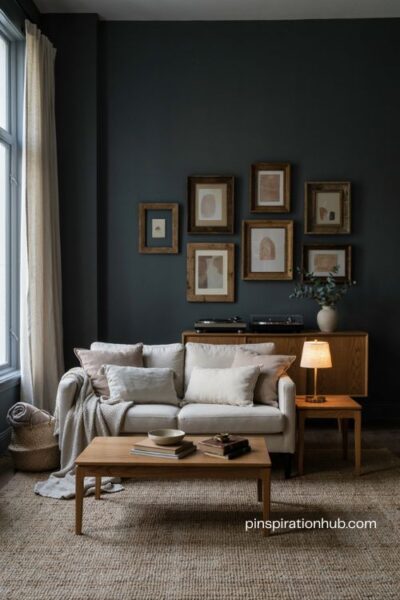 Moody living room with dark walls walnut coffee table oak console and reclaimed wood accents