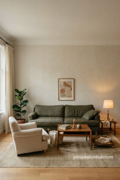 Moody living room with deep olive sofa walnut furniture aged brass and cream accents