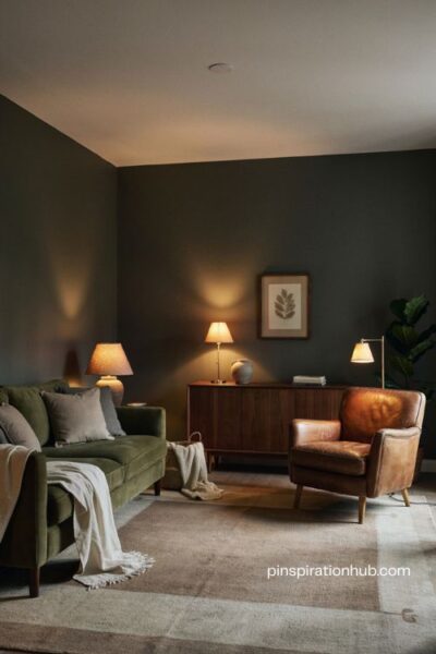 Moody living room with layered warm lighting table lamps floor lamp and cozy textures