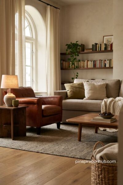 Moody living room with linen sofa chunky knit throw wool rug velvet cushions and aged brass