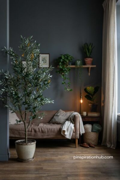 Moody living room with olive tree trailing plants aged ceramic planters and dark walls