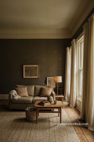 Moody living room with warm charcoal walls light trim and cozy layered decor