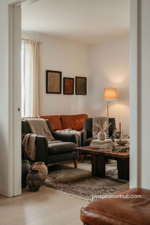 Moody living room with white walls dark furniture and warm layered textures