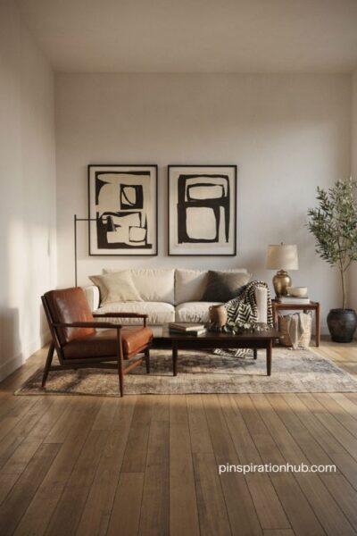 Moody white wall living room with black graphic accents brown wood and organic textures