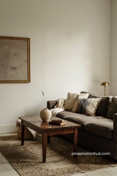 Moody white wall living room with dark furniture and vintage layered textures
