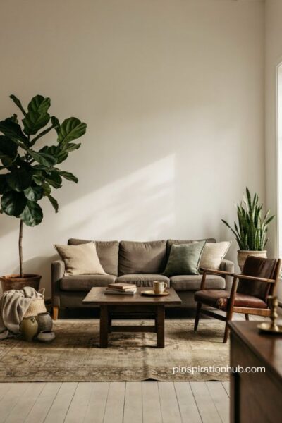 Moody white wall living room with dark green plants charcoal sofa and vintage decor