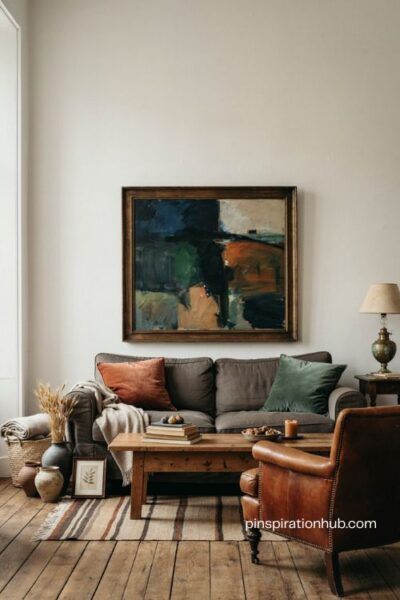 Moody white wall living room with dark navy forest green artwork and vintage decor
