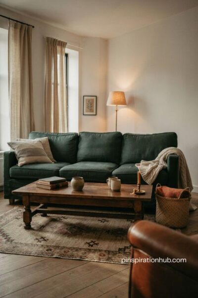 Moody white wall living room with deep green sofa and dark wood coffee table