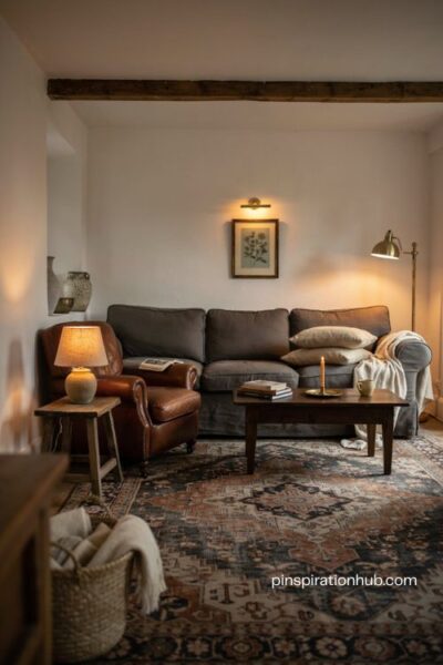 Moody white wall living room with layered ambient task and accent lighting