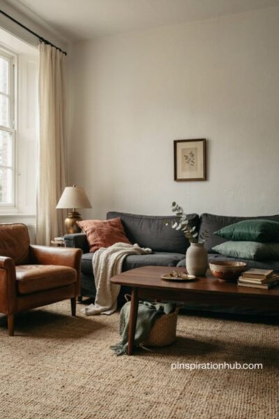 Moody white wall living room with velvet pillows leather chair and textured rug