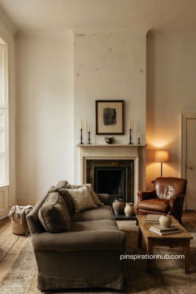 Moody white wall living room with white painted fireplace dark metal and brass accents