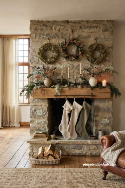Moss and dried foliage Christmas mantel decor with rustic hearth stockings