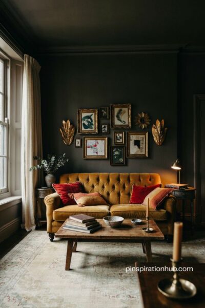 Mustard velvet moody living room with red cushions brass wall art and pale vintage rug
