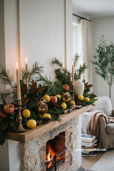 Natural Christmas mantel decor with apples lemons magnolia and citrus pomanders