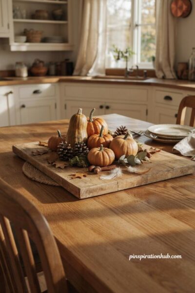 Natural fall table centerpiece with pumpkins pinecones dried moss feathers and a rustic wooden cutting board
