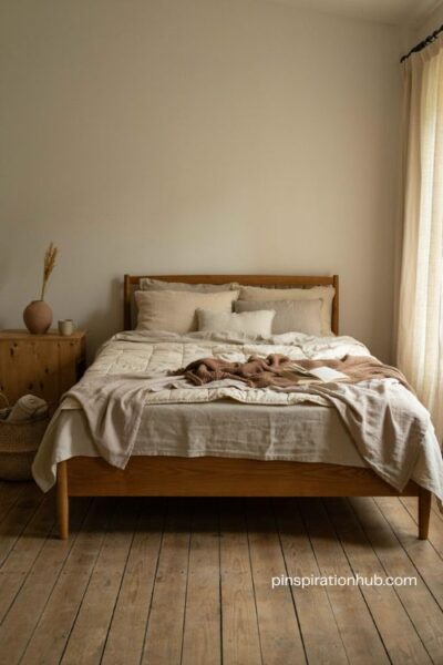 Natural texture layered bed in an earthy cozy bedroom with linen cotton and chunky knit