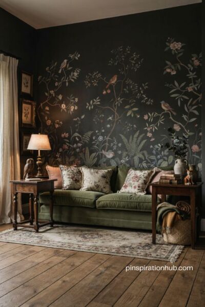 Nature motif moody living room with botanical mural birds florals and vintage dark decor