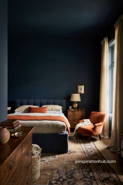 Navy and burnt orange bedroom with moody cozy decor and warm vintage accents