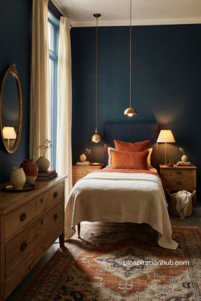 Navy and burnt orange bedroom with warm brass hardware and cozy layered decor