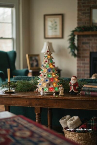 Ceramic light up Christmas tree with vintage figurines