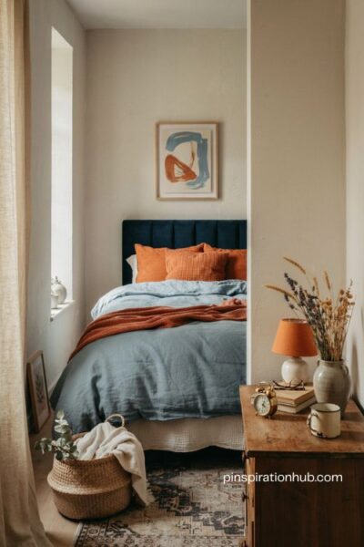 Neutral bedroom with blue bedding and burnt orange accessories for a cozy color scheme