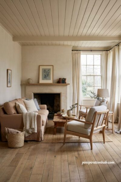 Neutral cottage living room with white sand and soft blue decor