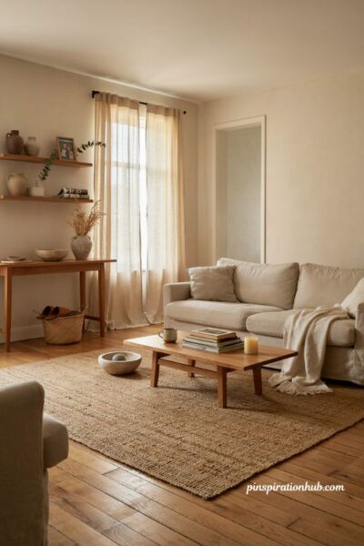 Neutral family living room with jute rug linen curtains wood and stone